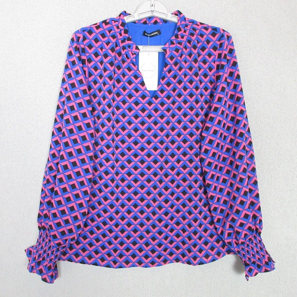 Mascomoda Blouse Womens M Geometric Print Long Sleeve Smocked‎ Cuff Blue Pink